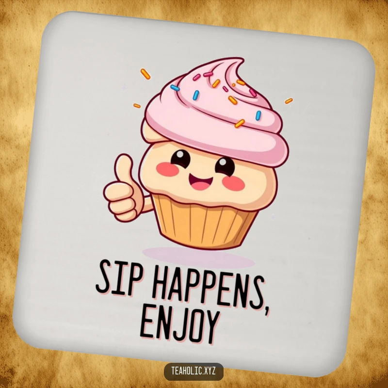 Funny Muffin Coaster: Cheerful character giving a thumbs up with sprinkles flying, protecting surfaces with humor.