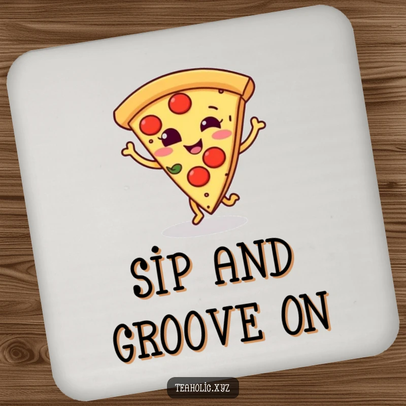 Funny drink coaster with a smiling pizza slice doing a little dance step, perfect for protecting surfaces deliciously.