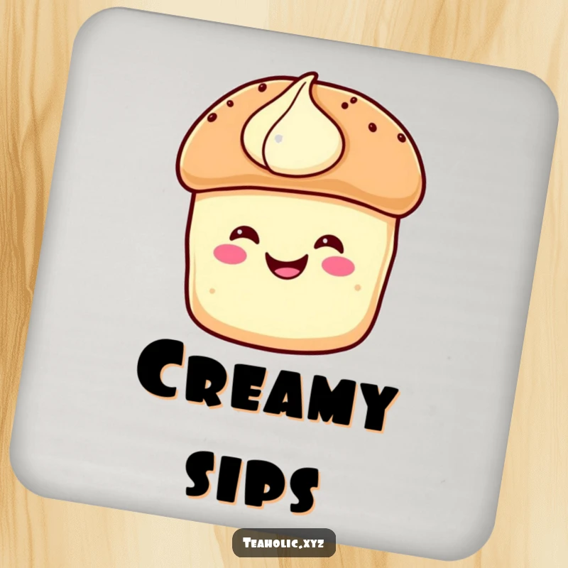 Funny Coaster: A smiling scone with cream hops with delight, protecting your surfaces with cheerful bakery art.