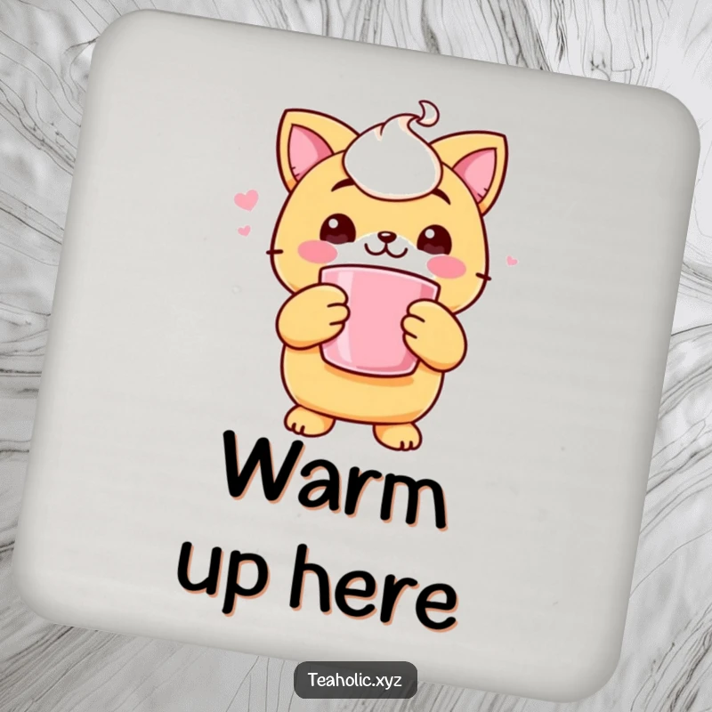 Funny drink coaster with a cheerful scone character holding a steaming mug with both paws, radiating warmth.