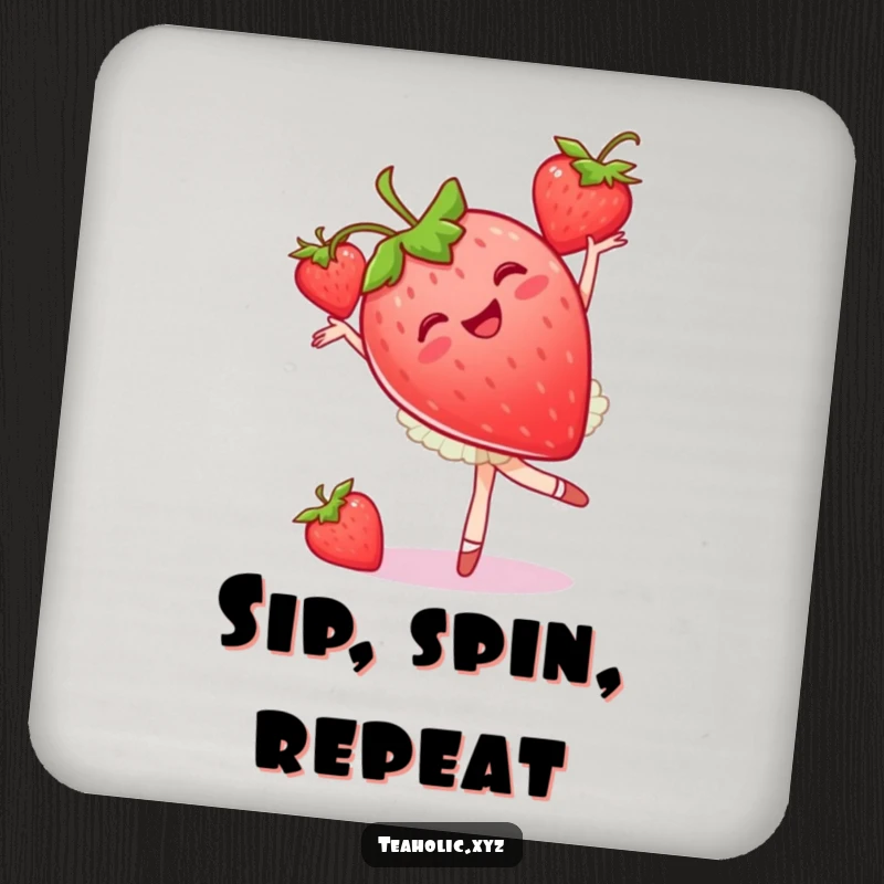 Funny strawberry ballet coaster with a joyous fruit dancer performing a pirouette, perfect funny gift.