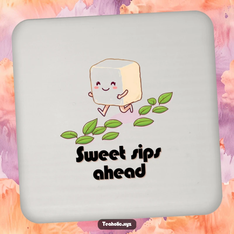 Funny smiling sugar cube character skipping along a path of tea leaves on a charming drink coaster.