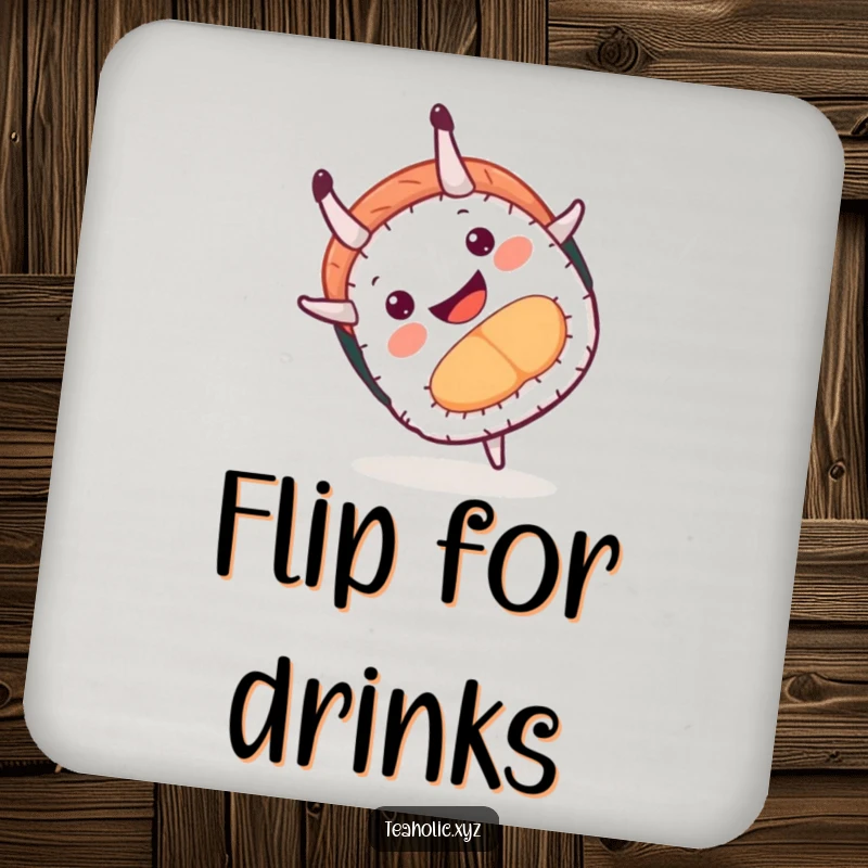 Funny drink coasters featuring a happy sushi roll mid-somersault, adding a playful and protective touch to any surface.