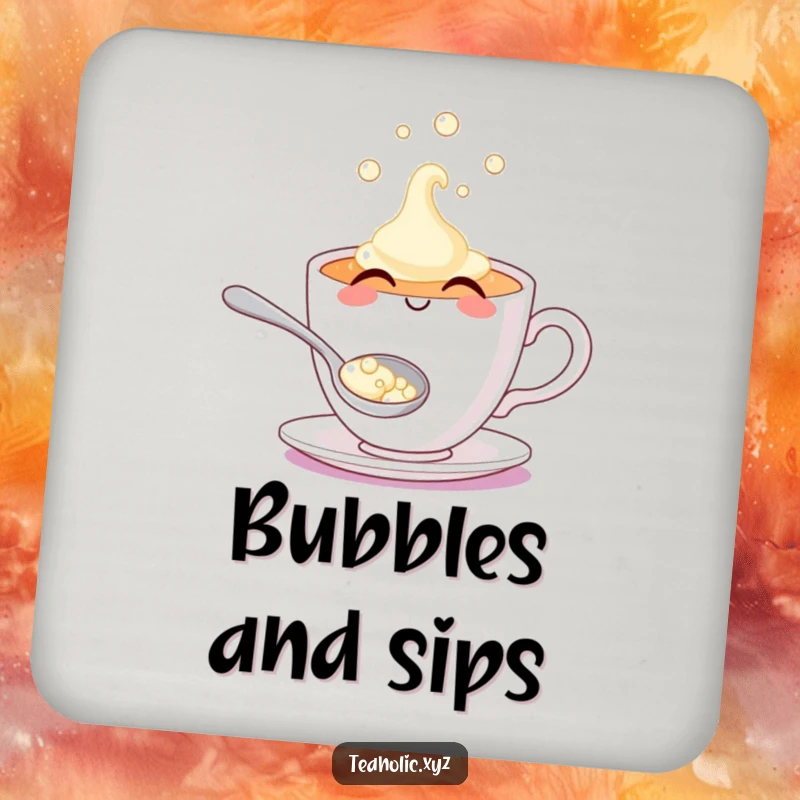 Artistic smiling teacup character, spilling delightful bubbles from a spoon, adding charm to tables.