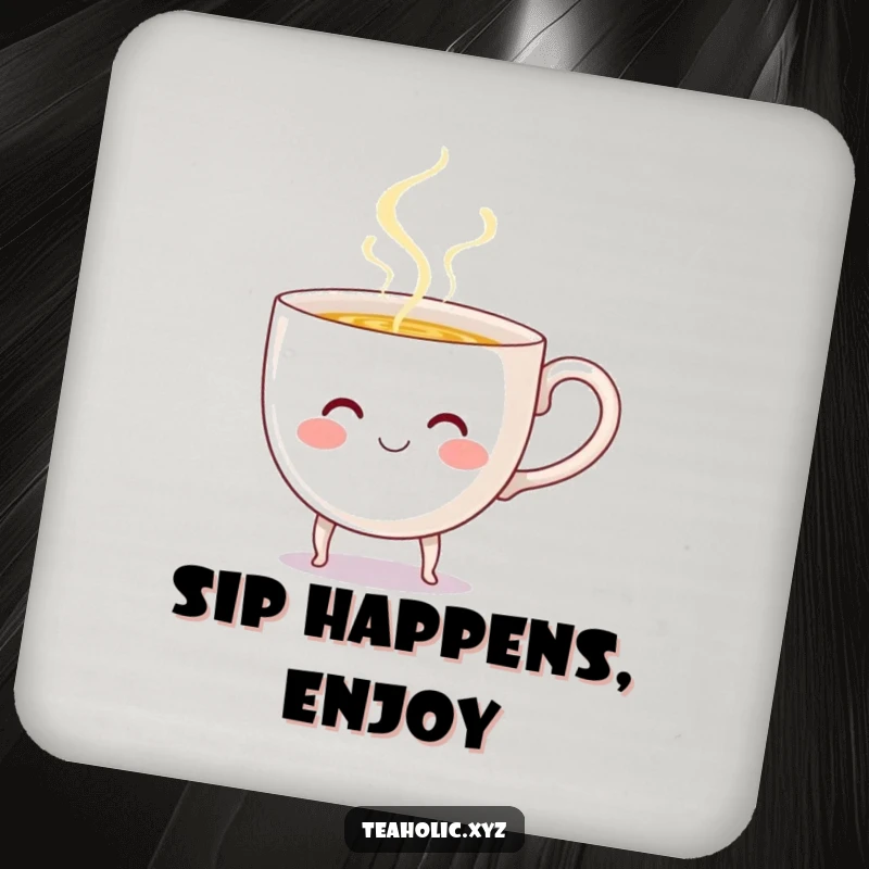 Funny Teacup Coaster: A smiling teacup with tiny legs cheerfully pours steaming liquid, offering a warm and humorous touch.