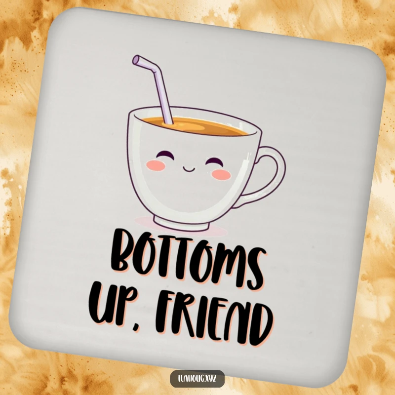 Funny Teacup Character Coaster: A smiling teacup with a wiggling straw enjoying a satisfying sip.