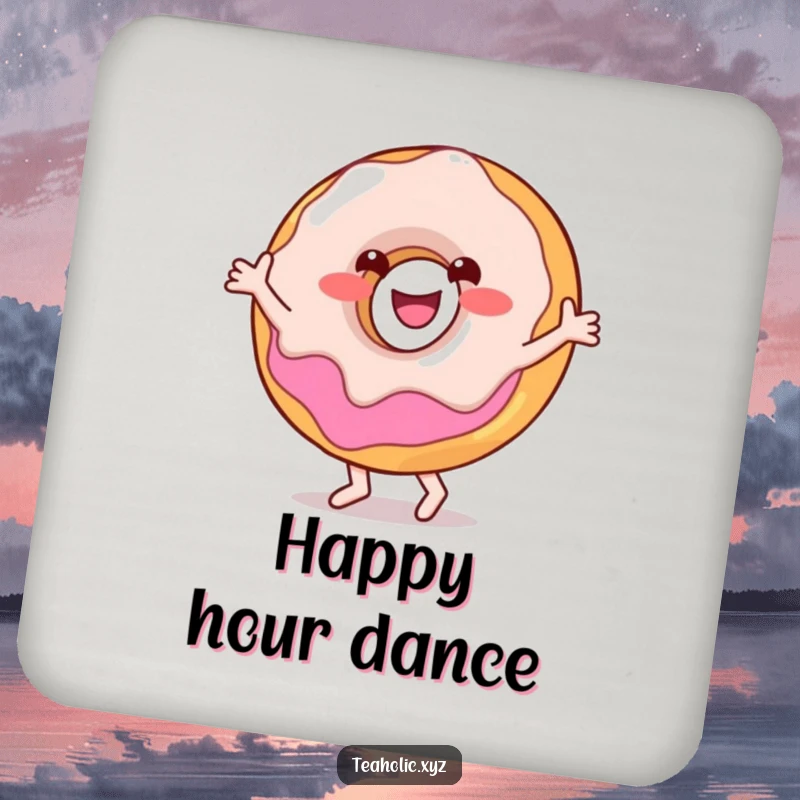 Funny drink coaster with a smiling donut character happily doing a little dance, surrounded by colorful sprinkles.