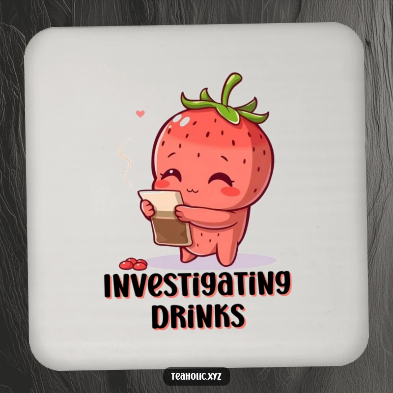 Funny curious strawberry with arms crossed, inspecting a teabag, featured on drink coasters.