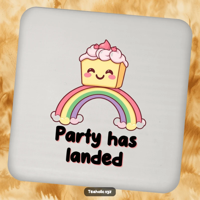 Funny drink coasters featuring a grinning cake with frosting sliding down a rainbow, protecting tabletops with a cheerful dessert motif.