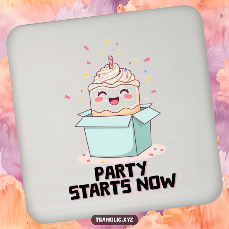 Funny happy cake drink coaster, protecting surfaces with a cheerful cake and confetti design, perfect for parties.