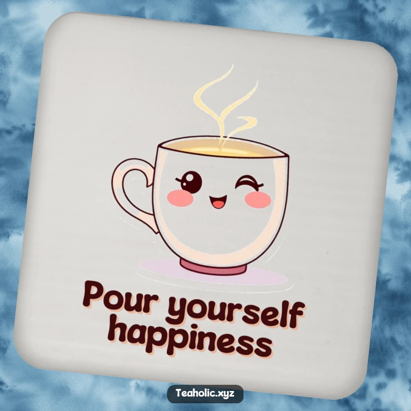 Funny drink coaster of a smiling teacup character happily pouring steaming liquid.