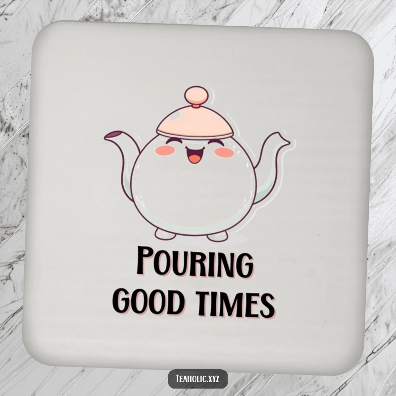 Funny drink coaster of a cheerful teapot character bobbing with overflowing joy.