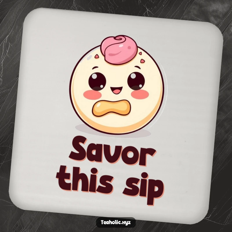 Funny drink coaster with a round pastry character with big dot eyes, gleefully taking a delighted bite out of its own body.