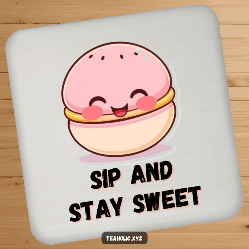 Funny drink coaster with a cute macaron character with rosy cheeks, beaming happily, perfect for protecting surfaces sweetly.