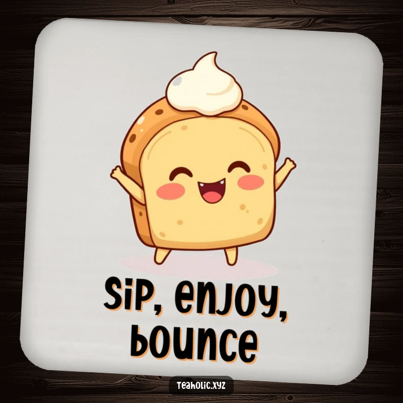 Funny Scone Coaster: A delighted scone with a dollop of cream joyfully bounces, adding a sweet and humorous touch.