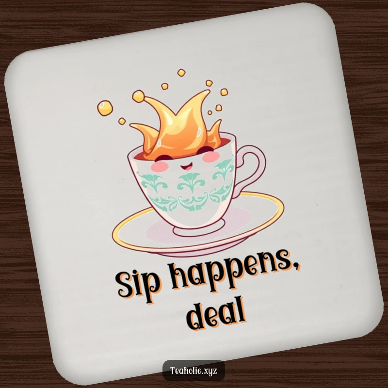 Funny Teacup Coaster: A cheerful teacup character splashing in a tea saucer, adding a fun and protective element to any tabletop.