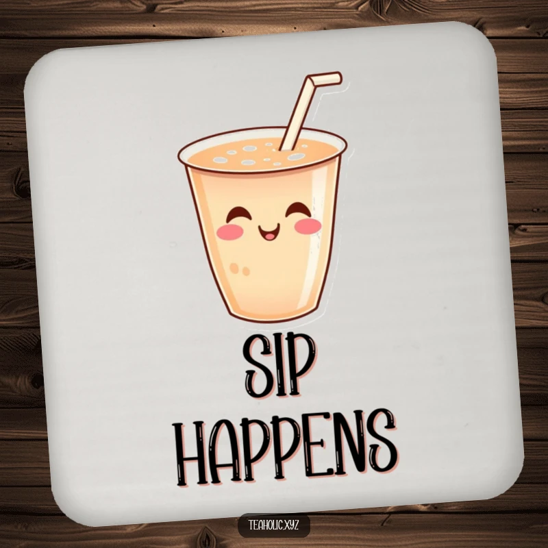 Funny drink coasters featuring a smiling tea cup with a tiny straw wiggling joyfully, protecting surfaces with humor.