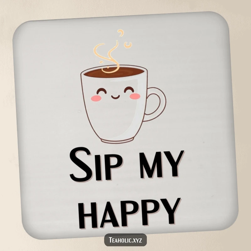 Funny smiling coffee cup drink coaster, protecting surfaces with a cheerful coffee cup and steam smiley face design.