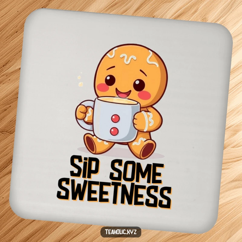 Funny Drink Coaster showcasing a happy gingerbread man character offering a steaming mug, adding festive flair and surface protection.