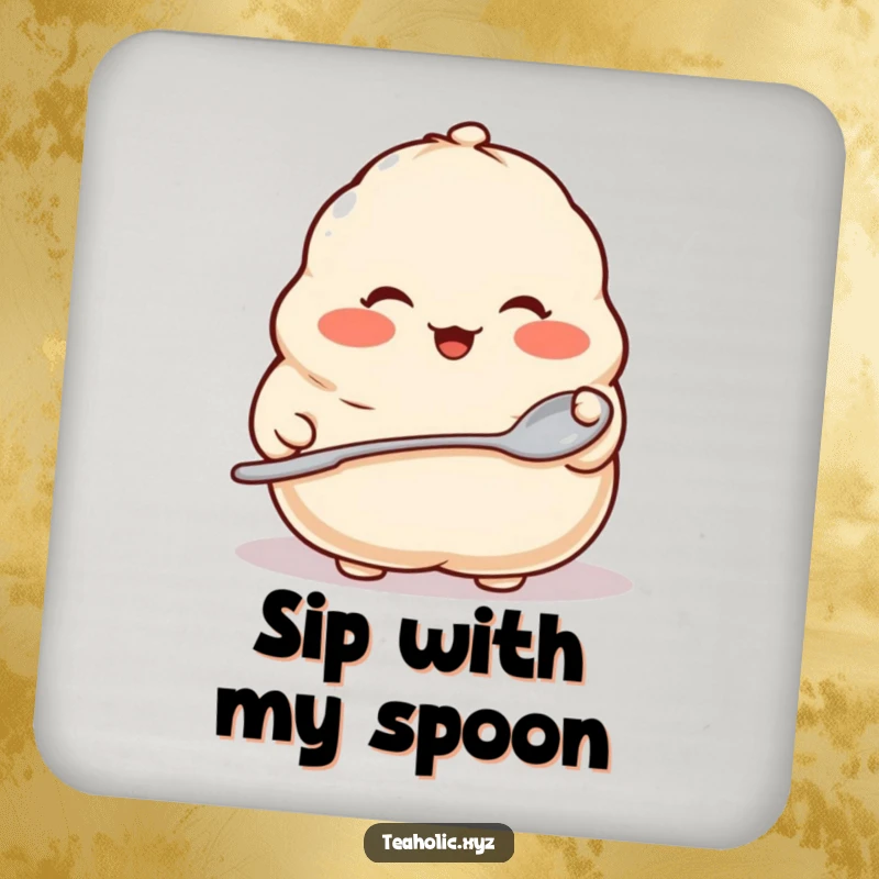 Funny drink coasters featuring a proud dumpling with rosy cheeks holding a tiny spoon, adding a cute touch to table protection.