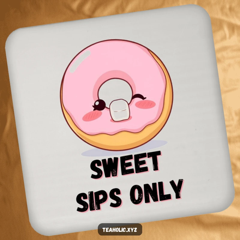 Funny Coasters featuring a blushing donut winking while balancing a sugar cube, adding cheekiness and surface protection.