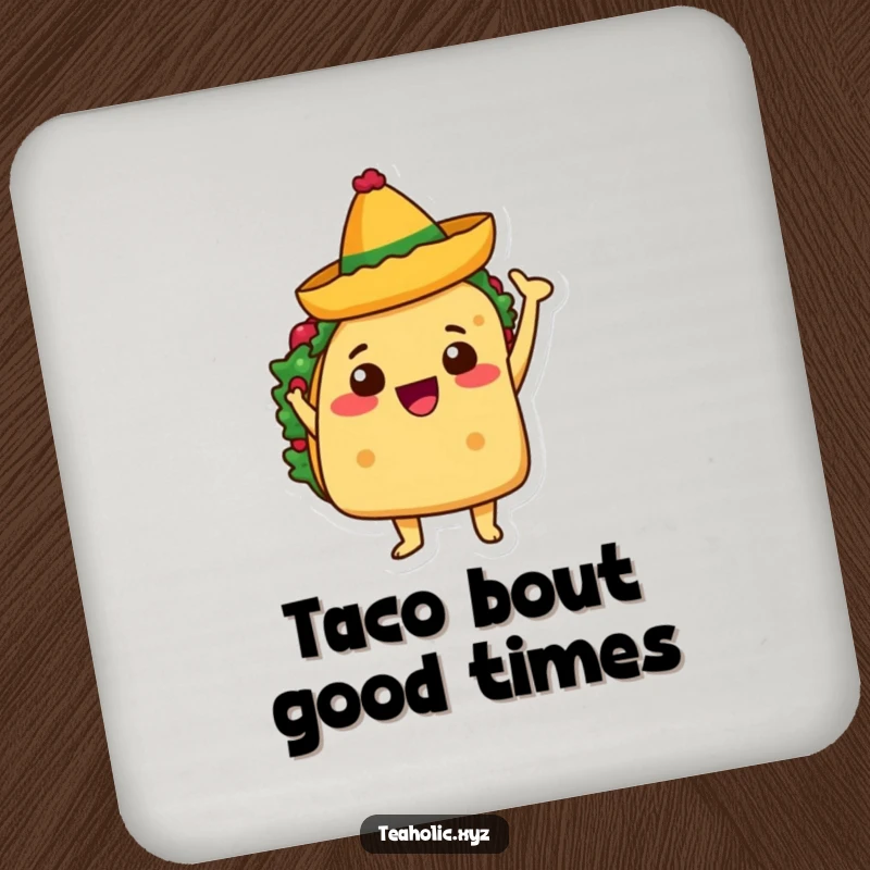 Funny drink coaster with a taco character joyfully waving a tiny sombrero, perfect for protecting surfaces festively.