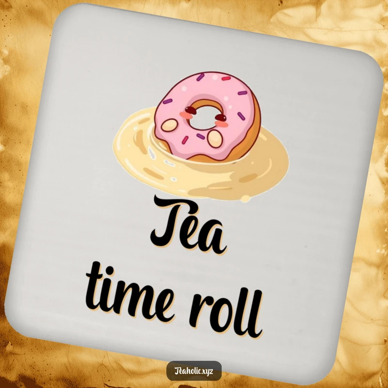 Funny donut coaster depicting a happy donut rolling with pleasure in a pool of tea, a functional and humorous tabletop accessory.