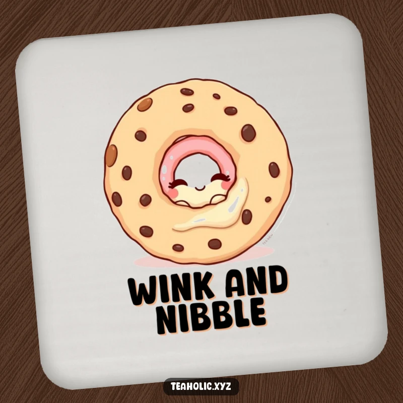 Funny drink coaster featuring a winking donut peeking from behind a cookie, adding playful charm.