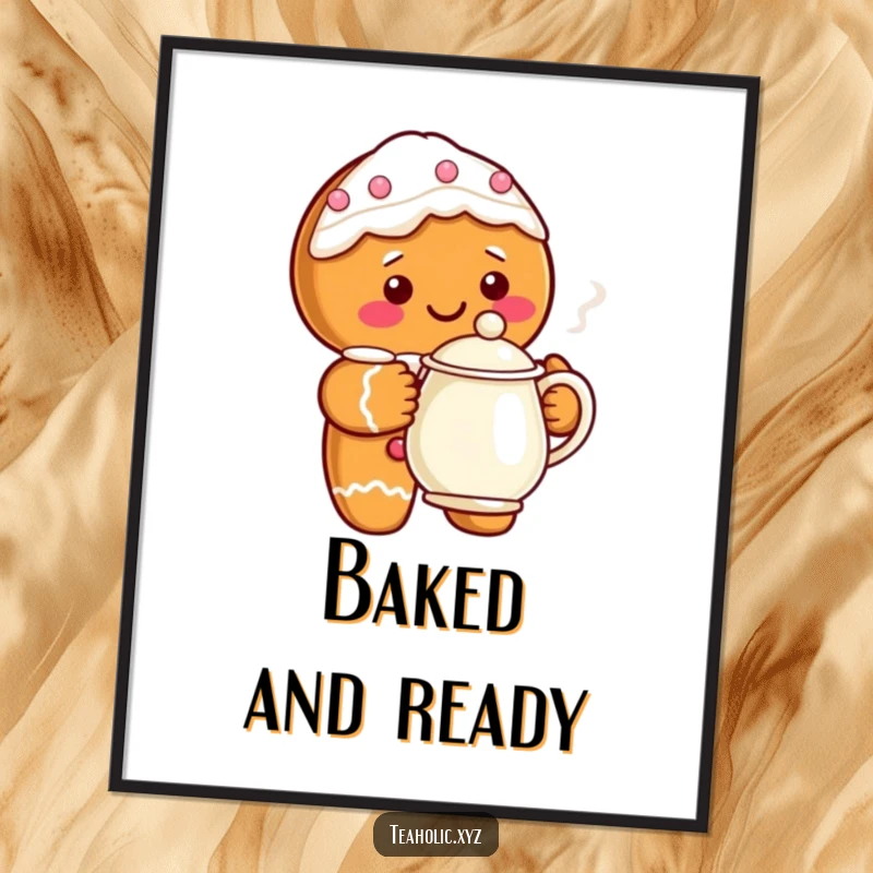 Funny gingerbread character with a steaming teapot, smiling sweetly, printed as festive wall art for holiday decoration.