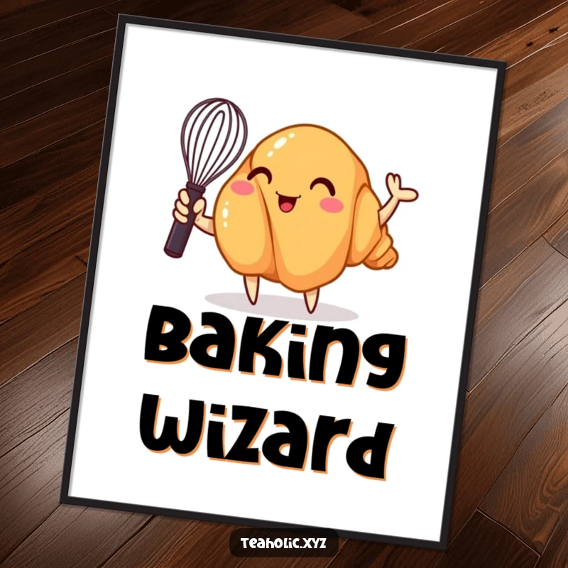Funny poster featuring a whimsical croissant enthusiastically waving a tiny whisk, creating a lively and humorous piece of culinary art.