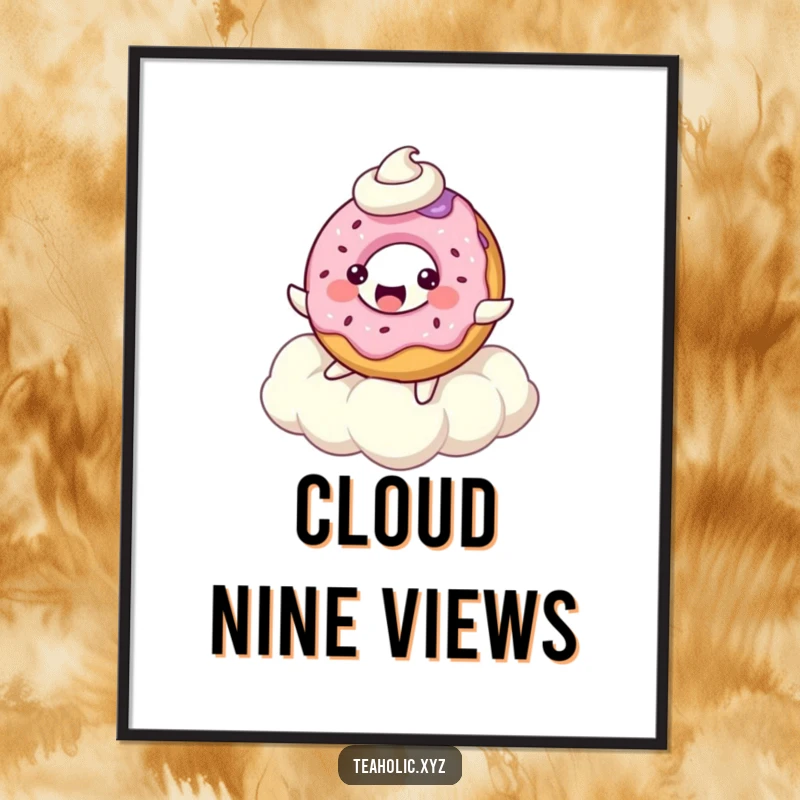 Vibrant bubbly donut character, playfully leaping on a dreamy whipped cream cloud, adding whimsy to decor.