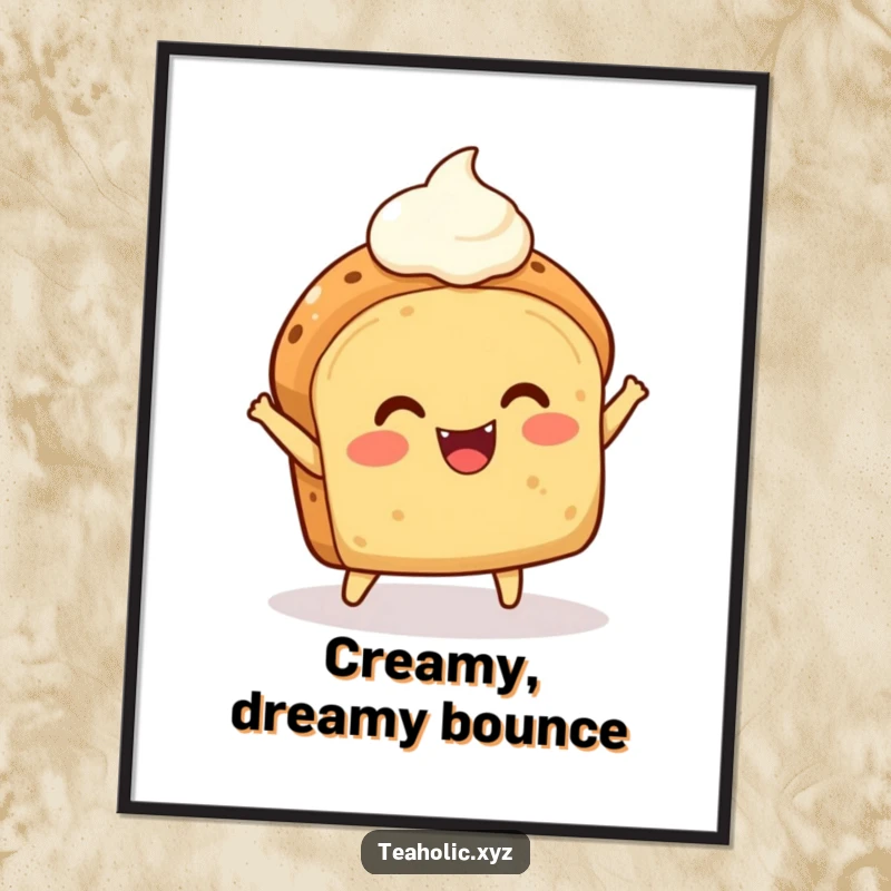 Funny Scone Poster: A delighted scone with a dollop of cream bounces joyfully, radiating sweet happiness and humor.