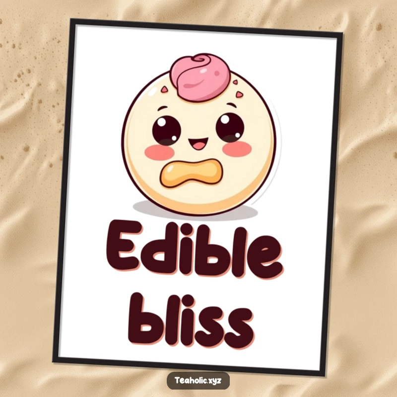 Funny poster art of a round pastry character with large dot eyes, joyfully taking a satisfying bite out of its own delicious form.