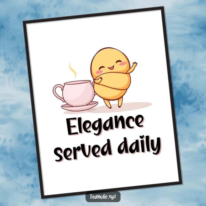 Funny croissant poster depicting a giggling croissant in a graceful twirl beside a teapot, a whimsical and humorous piece of art.