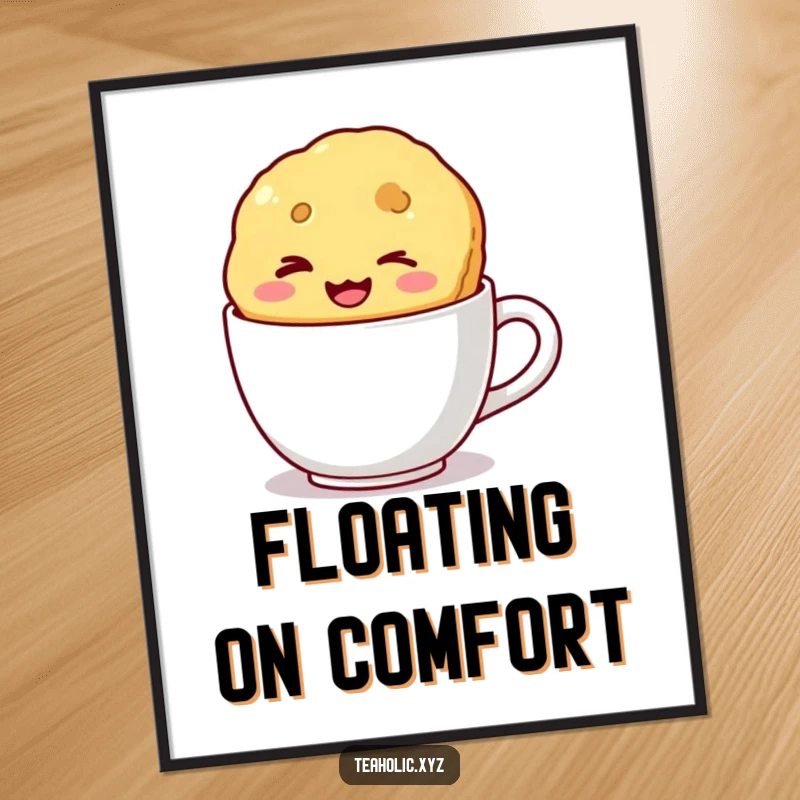 Funny poster showing a winking biscuit with a wide smile floating in a mug, creating whimsical and humorous wall decor.