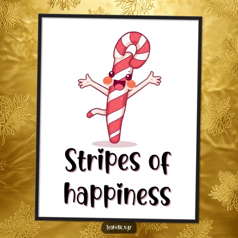Funny poster illustrating a joyful candy cane performing a cartwheel with its signature stripes, adding dynamic, sweet energy to decor.