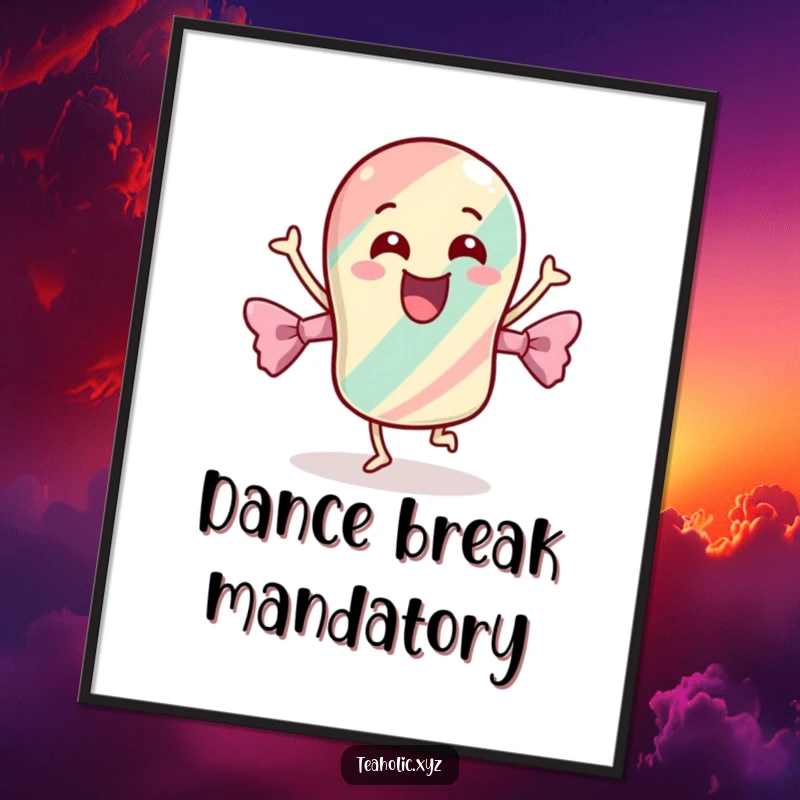 Funny poster displaying a cheerful candy with its wrapper dancing energetically, an uplifting piece of art for any joyful space.