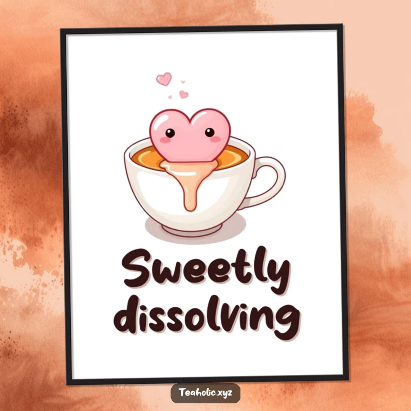 Funny candy heart happily melting into a warm cup of tea, as humorous wall art on a poster.