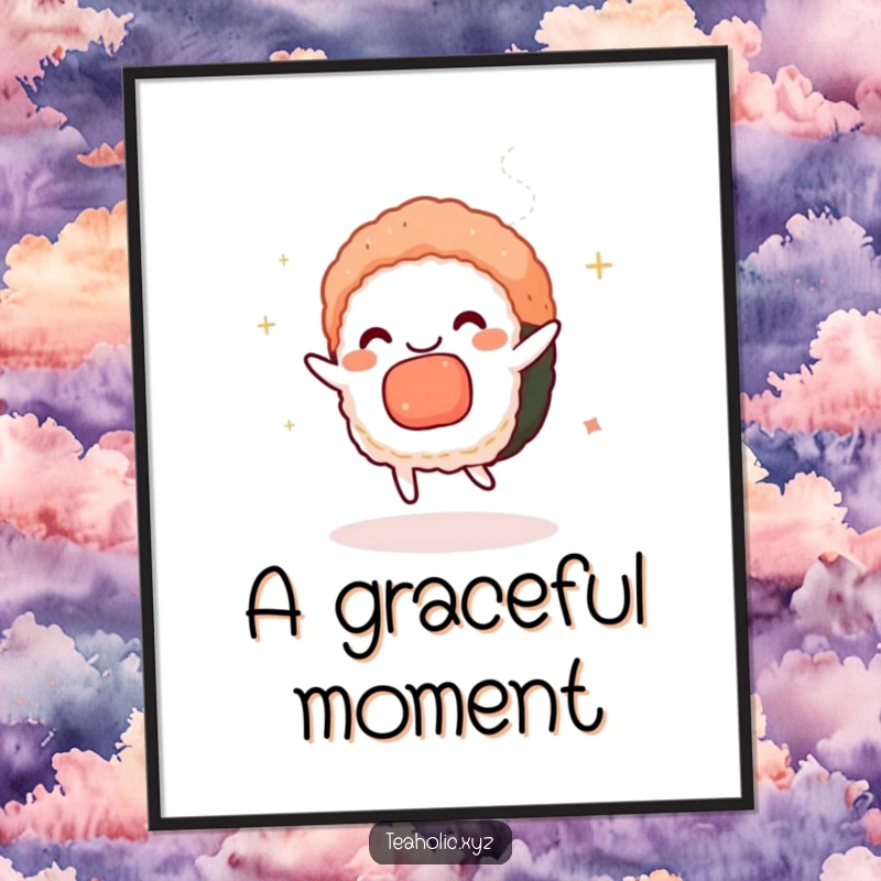 Funny sushi poster depicting a charmed sushi piece gracefully dancing with swirling tea steam, a whimsical and humorous piece of art.