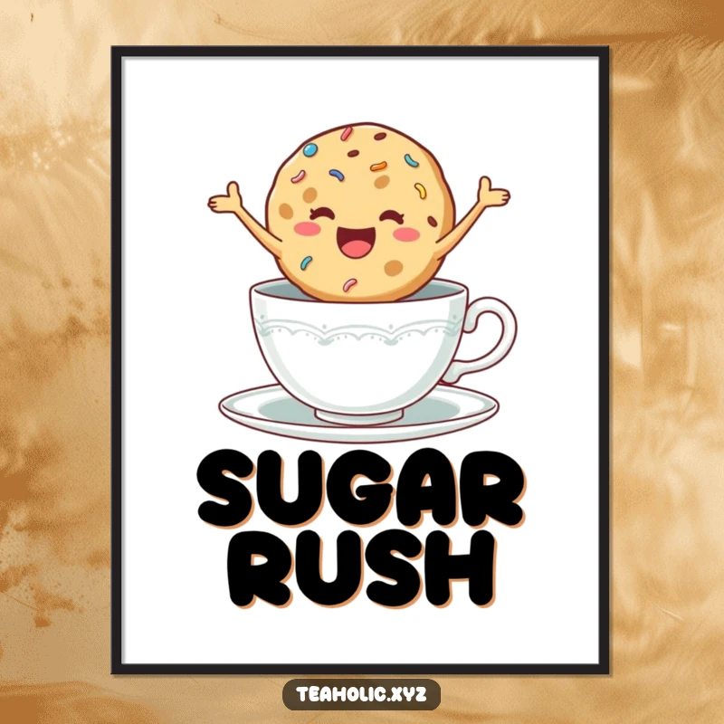 Funny poster of a delighted cookie with sprinkles jumping excitedly in a teacup, adding cheerful decor.