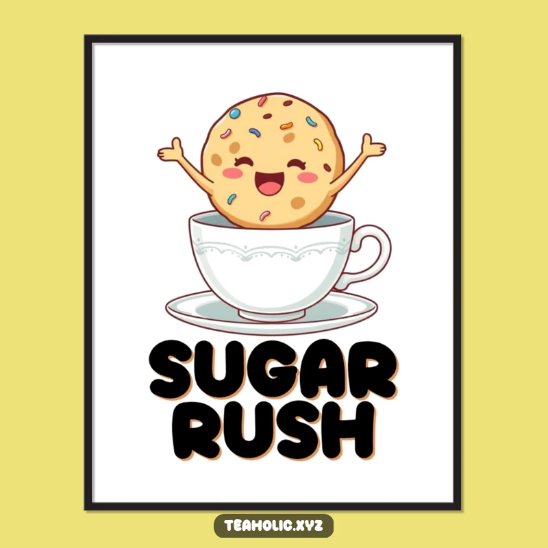 Funny Cookie Art Poster - Delighted Jumping Cookie in Teacup, Sweet Decor