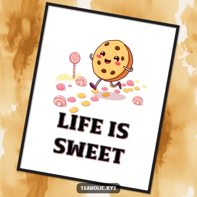 Funny Poster of a cheerful cookie character skipping along a colorful candy path, radiating happiness for wall decor.