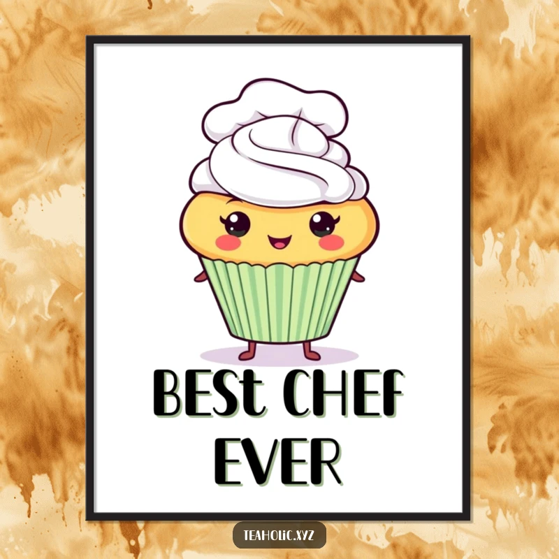 Funny proud cupcake character wearing a tiny chef hat on a vibrant and decorative poster.