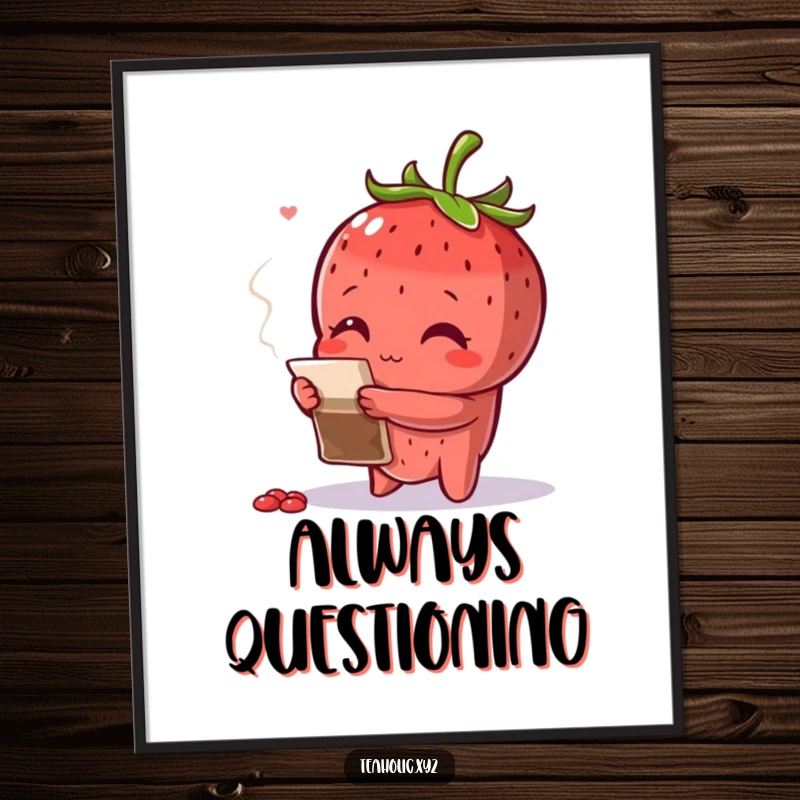 Funny curious strawberry with arms crossed, inspecting a teabag, presented as intriguing wall art.