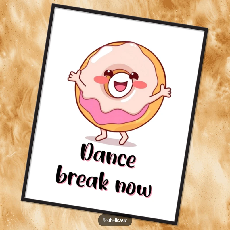 Funny poster art of a smiling donut character happily engaged in a lively dance, surrounded by colorful sprinkles.