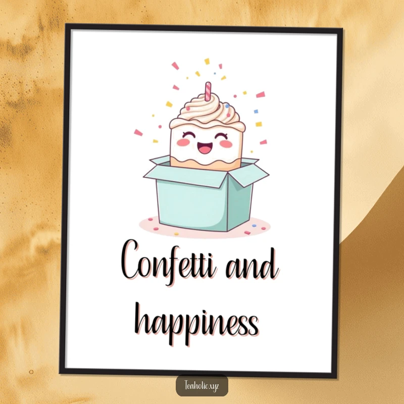 Funny happy cake poster, vibrant wall art depicting a celebratory cake emerging from a box with confetti.