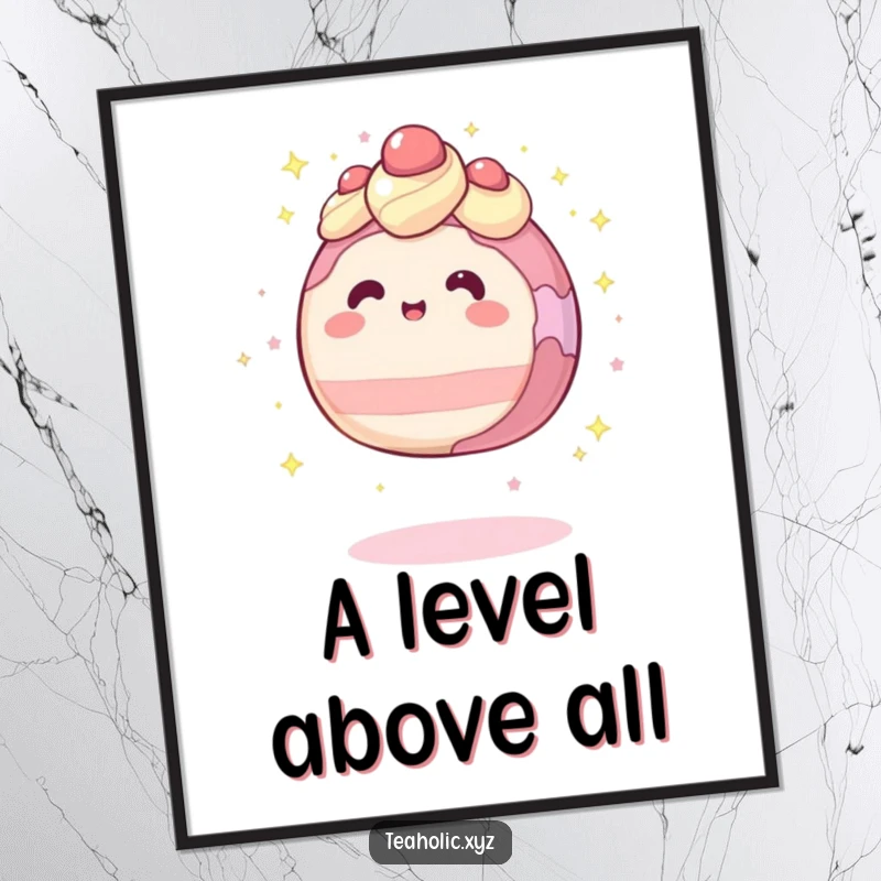 Funny poster print of a round cake character levitating slightly, adorned with shimmering sparkles, creating a magical scene.