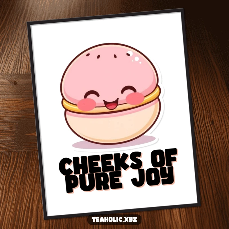 Funny poster of a cute macaron character with rosy cheeks, beaming happily, bringing sweet cheer to any room.