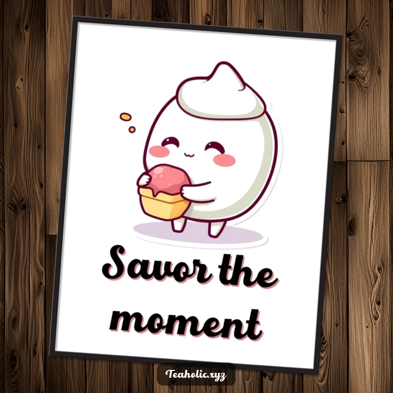 Funny giggling pastry character offering a tiny bite on a vibrant and decorative poster.