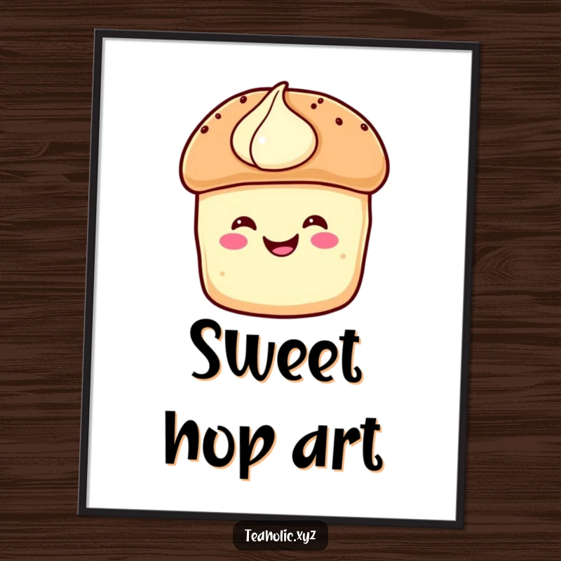 Funny Poster: A smiling scone with cream performs a joyful hop, bringing cheerful bakery art to your walls.
